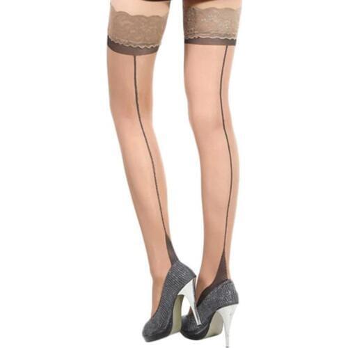20D Women Sexy Transparent Thigh High Stockings Punk Gothic Cuban Heel Back Seam Lace Top Stockings Ladies Wedding Hosiery