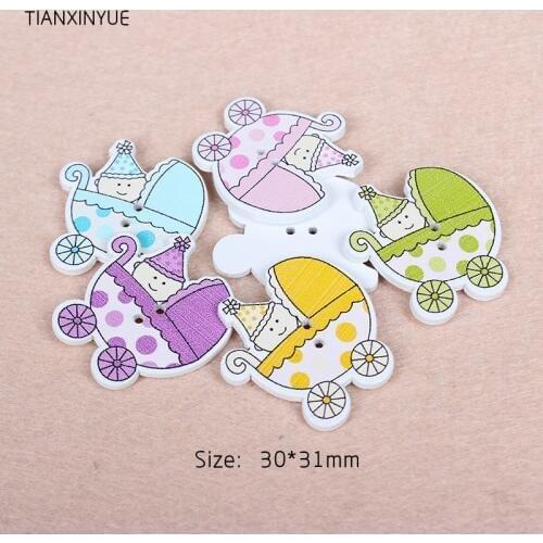 TIANXINYUE 30x31mm Single Buttons Sewing Scrapbooking Random color Two Holes baby carriage Wood Buttons,DIY Clothing Accessories