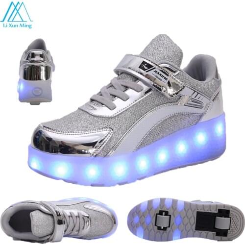 Childrens LED Roller Skates Luminous Wheel Single Wheel Double Wheel Sports Shoelace Light USB Charging With Wheels High Heels