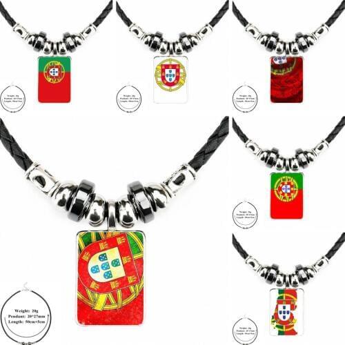 For Kids Beads Steam Punk Jewelry With Glass Cabochon Long Pendant Choker Black Leather Bead Pendant Necklace Nice Portugal Flag