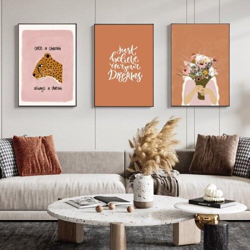 Canvas Painting Minimalism Holding Flowers Beauty Pink Leopard Morandi Color Print And Posters Wall Art Modern Living Room Decor