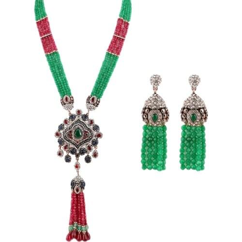 African Indian Jewelry Set Crystal Beads Long Tassel Pendant Necklace Earrings Sets for Women Bridal Wedding Party Gifts Ethnic