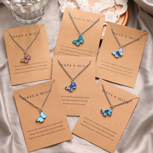 Korean Blue Gradient Butterfly Necklaces for Women Girls Silver Color Butterflies Pendant Choker Necklace Jewelry Birthday Gift