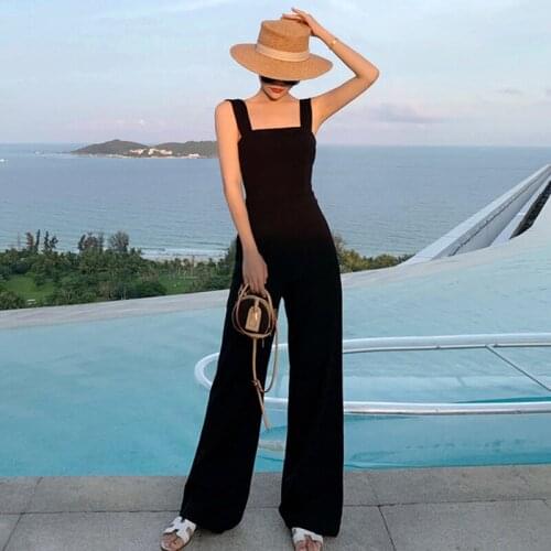Summer Casual Retro Beach Loose Jumpsuits Women Elegant High Street Sexy Strap Sleeveless Pocket Party Romper Long Jumpsuits