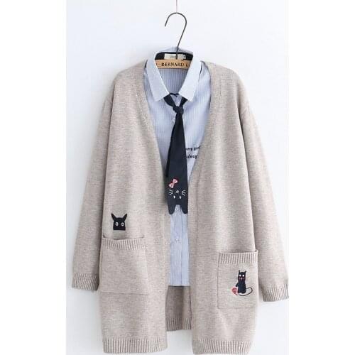 Mori girl Double pocket kitty embroidery Vintage cardigan sweater 44690