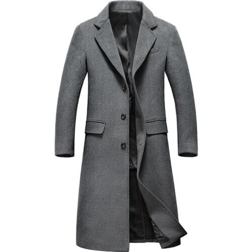 Mens Single Breasted Notched Lapel Woolen Trench Coat 2018 Autumn Winter Business Gentlemen Overcoat