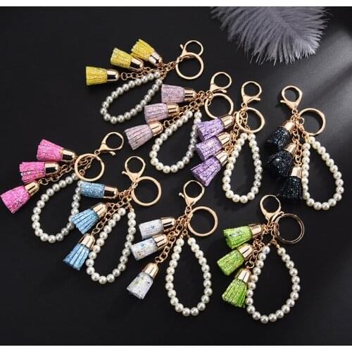 2020 new candy color keyring gold powder sequin tassel keychain glitter tassel imitation pearl key chain pendant Jewelry
