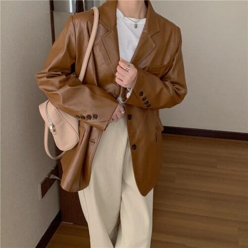 2021 New Autumn Winter Faux Leather Handsome Motorcycle PU Leather Coat Single Breasted Outwear Lapel Leather Suit Jacket