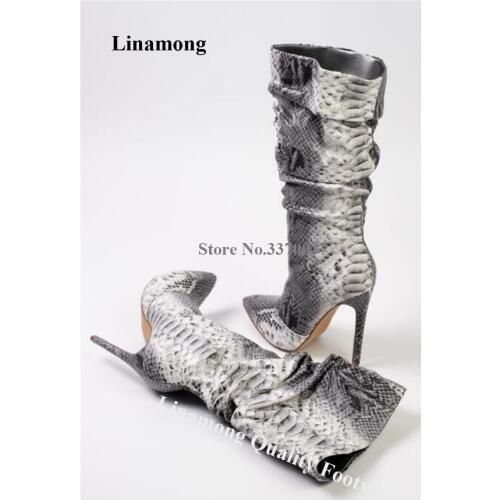 New Fashion Women Pointed Toe Knee High Snake Leather Stiletto Heel Boots Pleated Long High Heel Boots Evening Dress Shoes