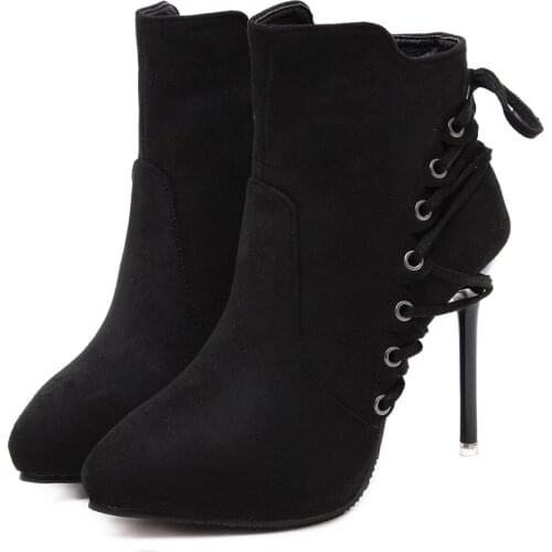 10CM European and American new womens shoes stiletto Martin boots nude boots round hole strap sexy pointed toe lady short botas