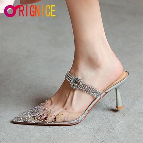Orignice Gorgeous New PVC Transparent Bling Rhinestones Strap Mules High Heels Pointed Toe Crystal Women Party Wedding Shoes