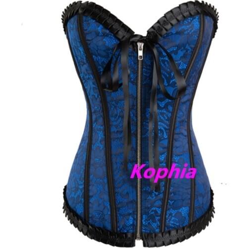 Sexy Blue Ruffle Jacquard Floral Underbust Bustier Zipper Lace Up Corset Women Overbust Boned Waist Slimming Korsett Outwear