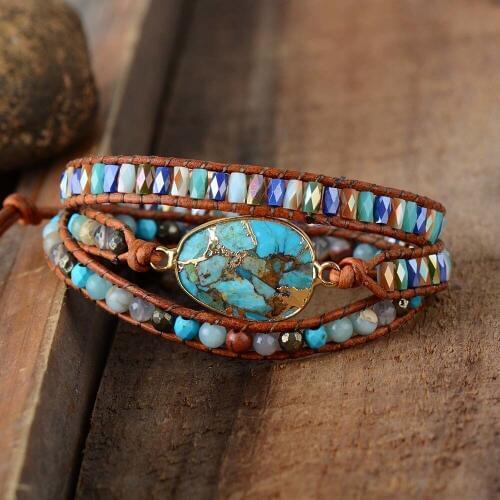 Premium Bohemian Bracelets Gilded Natural Stones Vintage Leather Wrap Bracelet Girl Beach Holiday Charm Bracelets Jewelry