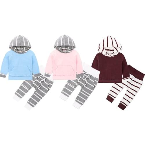 Spring Autumn Hoodies Toddler Infant Boys Girls Unisex Outfits Newborn BabySweatwear Clothes Cotton Striped Patchwork Sets 2Pcs