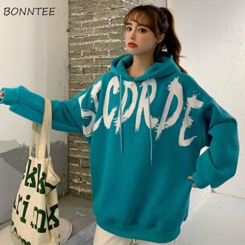 Hoodies Womens Long Sleeve Autumn Letter Printed Thicken Plus Velvet BF Oversize Students All-match Simple Hip-pop Korean Style
