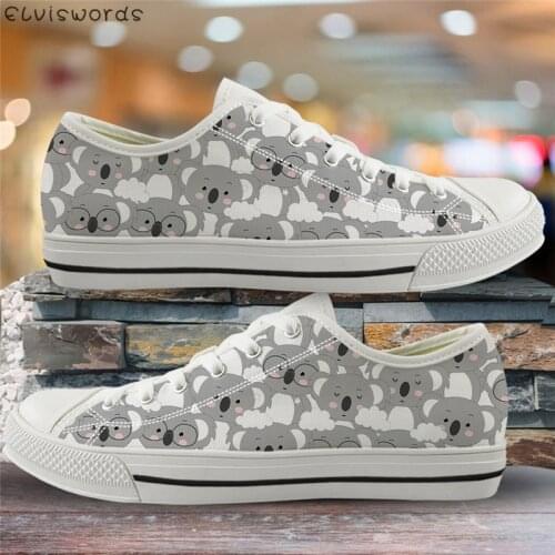 ELVISWORDS Cute Animal Koala Print Flats Casual Women Lace-up Vulcanized Shoes Breathable Mesh Canvas Low Top Footwear for Lady