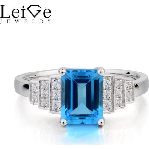 Leige Jewelry Swiss Blue Topaz Ring Anniversary Ring November Birthstone Emerald Cut Gemstone Solid 925 Sterling Silver Ring