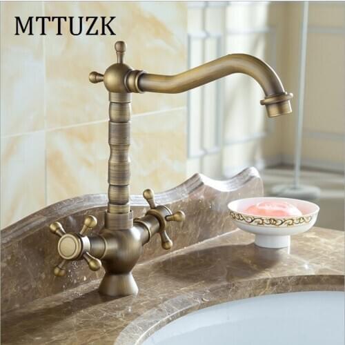 Vidric Antique brass basin faucet Double handle single hole hot and cold mixer tap kitchen faucets wash basin tap