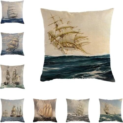 Vintage Ocean Boat Sailboat Cotton Linen Throw Pillow Cushion Cover Car Home Decoration Sofa Decor Decorative Pillowcase