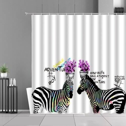 Funny Animal Shower Curtain Set Zebra Purple Flower Pattern Bathroom Curtain Home Bathtub Decoration Waterproof Polyester Fabric