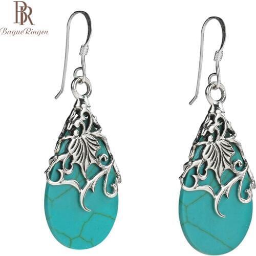 Bague Ringen Delicate Hollow-out Carving Silver 925 Jewelry Ethnic style Turquoise Earrings for Women Contracted Ear drops Gift