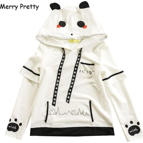 Merry Pretty Womens Cartoon Panda Print Wite Ears On Hood Hoodies Sweatshirts 2020 Winter Long Sleeve Harajuku Hooded Pullovers