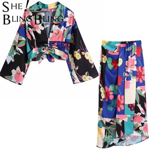 SheBlingBling Za Woman 2021 Traf Suit Female Summer Floral Print Casual Beach 2 Piece Sets Kimono Crop Tops + Long Maxi Skirts