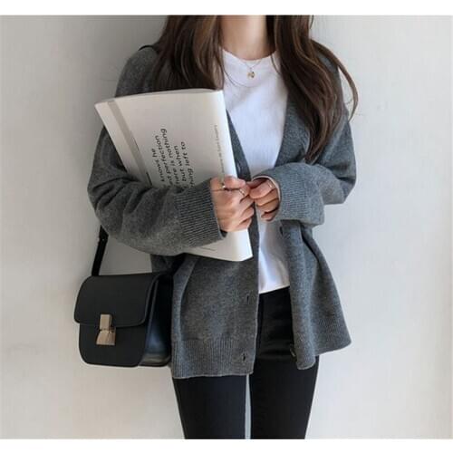 New Korean Style Single Breasted Knitted Sweater Women Loose Long Sleeve V Neck Coats Ladies Casual Chic Cardigan Sweaters