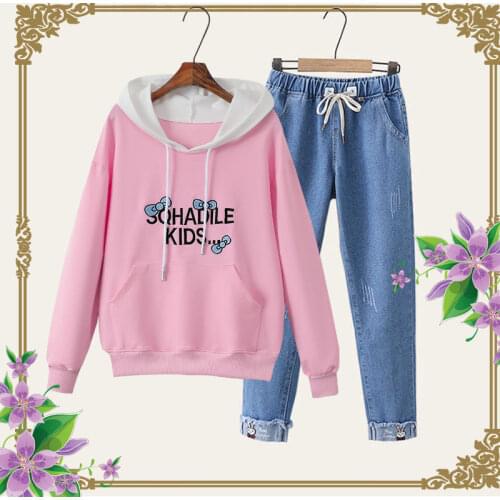 Women 2020 Autumn Winter New Fashion Print Hooded Sweatshirt Tops And Jeans Pants Suits Casual Two Piece Tracksuit Sets Y829