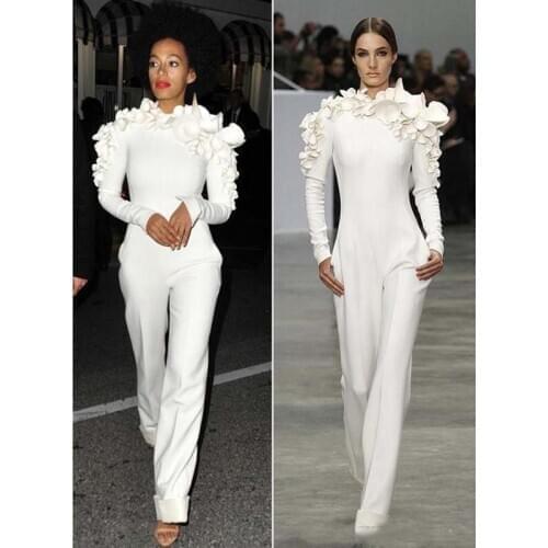 2019 New Arrival Celebrity Dresses White Leg Jumpsuit Long Sleeves High Neck with Flowers Formal Party Evening Dresses Custom Ma