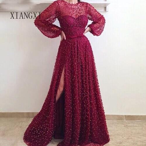 Lantern Sleeve High Split Wine Red Pearls Lace Long Sleeve Evening Dresses 2020 Luxury Tulle Evening Gown Real Photo Dubai