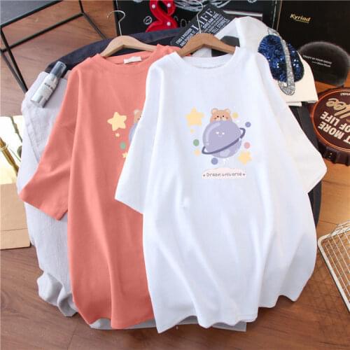 2021 Spring and Summer Plus Size All-match Short-sleeved T-shirt Female Korean Version Loose Cartoon Print Round Neck Top