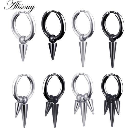 Alisouy 1PC Personality Steel Black Hollow Punk Dangle Earring Mens Fashion Piercing Ear Cone Tassel Long Drop Earrings
