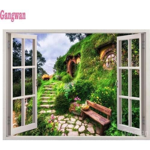5D Diy Diamond Painting window view Cross Stitch full Square Diamond Embroidery Hobbit Village scenery picture room wall Decor