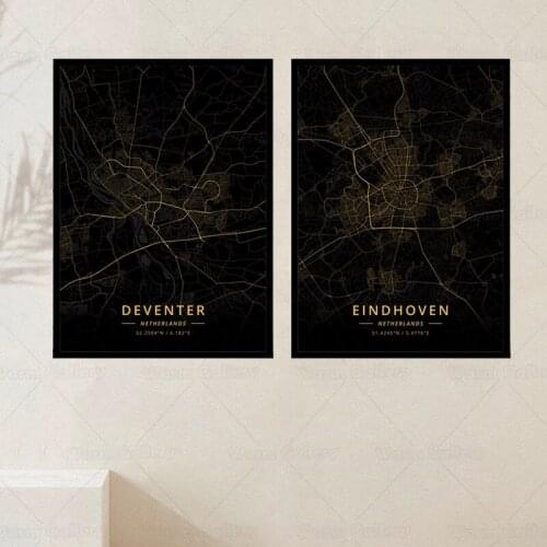 Black Art Canvas Painting Poster Deventer city Maps The Eindhoven city Map Print Golden Gloss Lnterior Decoration