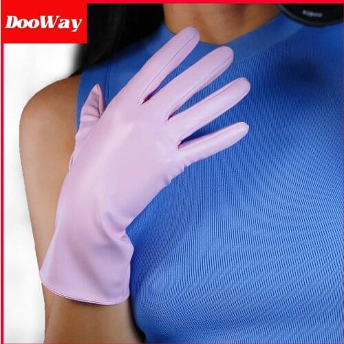 DooWay womens Faux Leather Gloves Baby Pink Elbow Length 11-inch Stretchy Unlined PU Full Finger Gloves