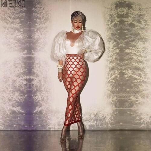 Red and white print gauze stretch hollowed-out dress Birthday celebration party banquet evening concert dance singers costume