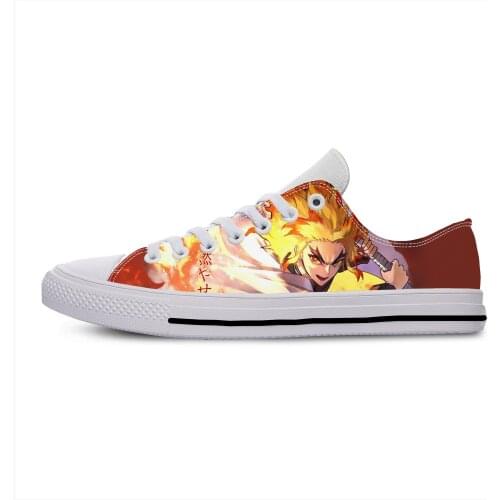 Anime Demon Slayer Kimetsu No Yaiba Rengoku Kyojuro Casual Cloth Shoes Low Top Breathable Lightweight Print Men Women Sneakers