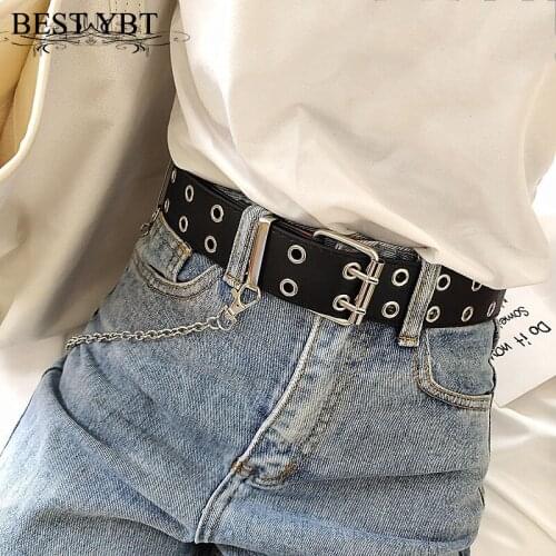 Best YBT Fashion Women Punk Chain Belt Adjustable Black Double/Single Eyelet Grommet Metal Buckle Leather Waistband For Jeans