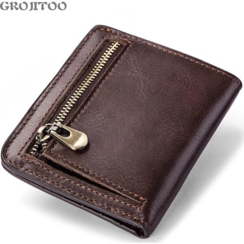 GROJITOO Hot Sale mens wallet short genuine leather coin purse first layer cowhide leather bag Short Purse Gift Wallet