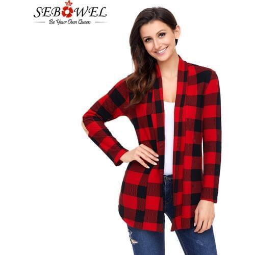 SEBOWEL Autumn Women Plaid Cardigan Coat Red Suede Elbow Patch Long Sleeve Plaid Cardigan 2019 Spring Women Clothes for Female