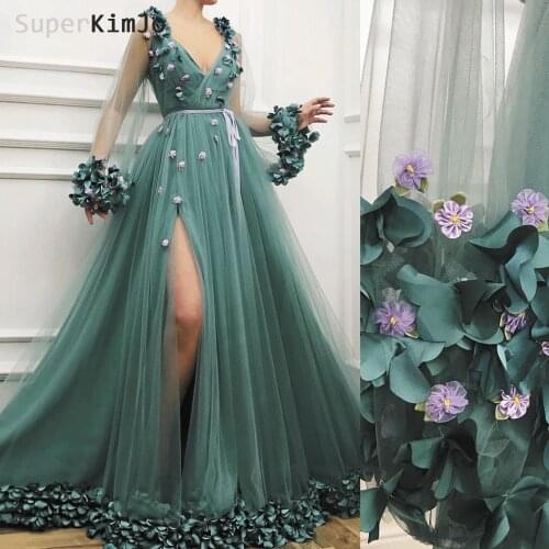 SuperKimJo Flare Sleeve Prom Dresses 2020 Robe De Soiree Deep V Neck Handmade Flowers Elegant Prom Gown Vestidos De Gala