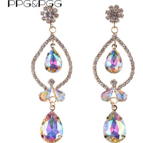 PPG&PGG Hot Fashion Glass Crystal Statement Dangle Earrings Jewelry Wedding Charm Shiny Boho Dangle Earrings For Women