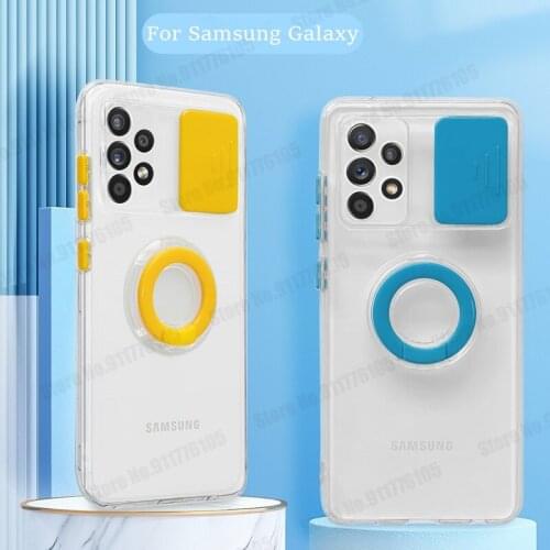 Transparent Ring Holder Stand Shockproof Case For Samsung Galaxy S21 Ultra A12 A52 A72 A32 5G Slide Camera Lens Protective Cover