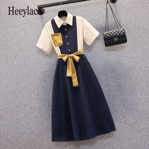 Plus size women short sleeve patchwork A-line dresses Summer korean high waist belt long dresses office ladies elegant vestidos