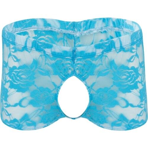 Sexy Mens Wetlook Lingerie Underwear Flowers Pattern Crotchless Open Butt Shorts Semi-see Through Mesh Sheer Lace Underpants