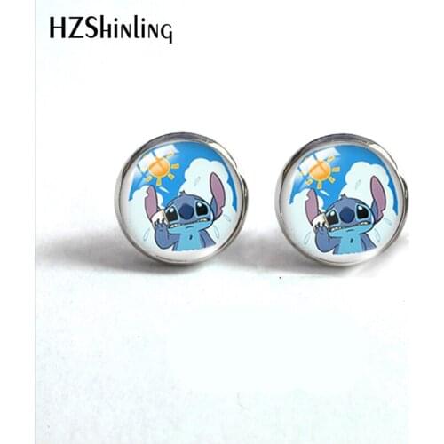 2021 New Fashion Kawaii Blue Stitch Cartoon Animals Movies Glass Dome Round Stud Earrings Handcraft Stainless Steel Earrings