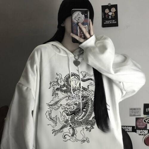 Chinese Dragon Print Streetwear Hoodie Women Sweatshirt Hooded Winter Clothes Women Oversized Sweetshirt Harajuku Vintage Hoodie