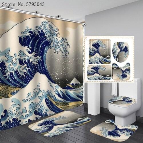 Waves Shower Curtains High Mountain 3D Bathroom Curtain Set Sunset Sunrise Set WC Bathtub Screen Decor Shower Curtain Sets