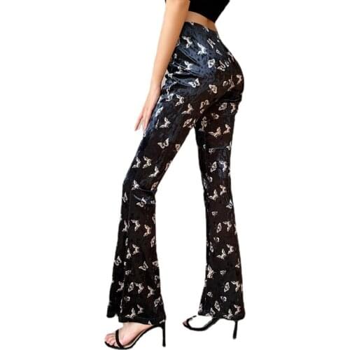 2020 Brand New High Waist Chic Butterfly Print Flare Pants Slim Velvet Long Trousers Female Fashion Bottoms Pantalones De Mujer